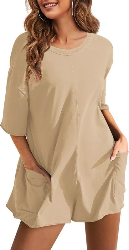 Jumpsuit Donna Elegante Manica Corta Allentata Tutina Reversibile Tuta Intera Casual Salopette Estiva Corta Spiaggia Jumpsuits con Tasche Vacanza Outfits