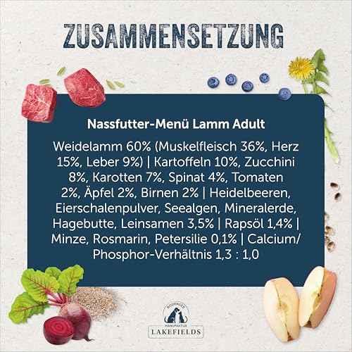 Lakefields Premium Hundefutter Nass | Lamm 60% | 6 x 800g | Getreidefreies Nassfutter für Hunde | Natürliche Zutaten in Lebensmittelqualität | Kartoffeln, Blattspinat und Kräutern | Schonend gegart