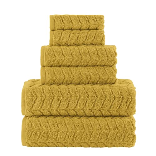 Image of Elegant Comfort Luxury 6-Piece 100% Turkish Cotton Jacquard Braided Textured Premium Hotel Quality Towel Set- Soft and Absorbent, Includes 2 Bath Towels, 2 Hand Towels and 2 Washcloths, Amber Gold