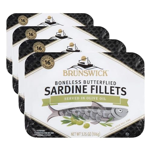 Image of Brunswick Sardines in Olive Oil, 3.75 oz Can - Boneless Butterflied Sardine Fillets - Wild Caught - 17g Protein per Serving - Gluten Free, Keto Friendly (Pack of 4)