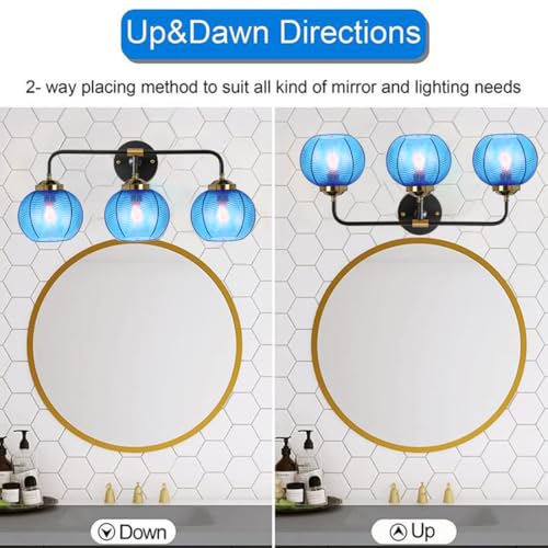 Image of Vanity Lights for Bathroom,Mid Century Vanity Light Black Sconce Blue Bathroom Light Fixture Over Mirror Ribbed Glass Globe Shade Art Deco Vanity Lights Modern Wall Sconce 3-Lights
