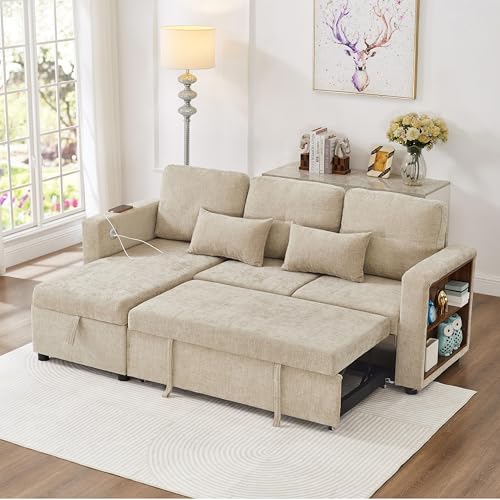 FammyLoft 3 Seater Sofa Bed, Convertible Chenille Sectional Sofa Bed with Reversible Storage Chaise, Sleeper Sofa with Charging Station and Adjustable Armrest Side Storage, USB & Type-C Ports, Beige