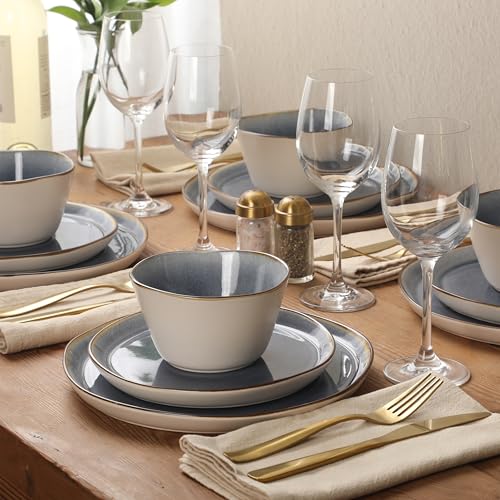 Image of Gibson Elite Algeria River Plates and Bowls Sets, 12-Piece Stoneware Dinnerware Sets, Reactive Glaze Dish Set - Blue