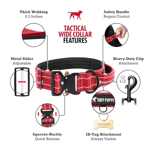 Image of Tuff Pupper Tactical Dog Collar | Heavy Duty 1.5 inch Wide Ballistic Nylon | Training Control Handle | Quick-Release Metal Buckle | Reflective Bands | ID Tag Holder | Padded Inner Lining (Red, Medium)