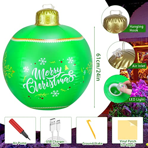 [Upgraded] Hysagtek 24 Inch Light Up Pvc Inflatable Christmas Ball, Giant Inflatable Christmas Ornaments Balls, With Rechargeable Light, Remote, Stake & Pump For Outdoors Yard Pool Decorations #TOP4