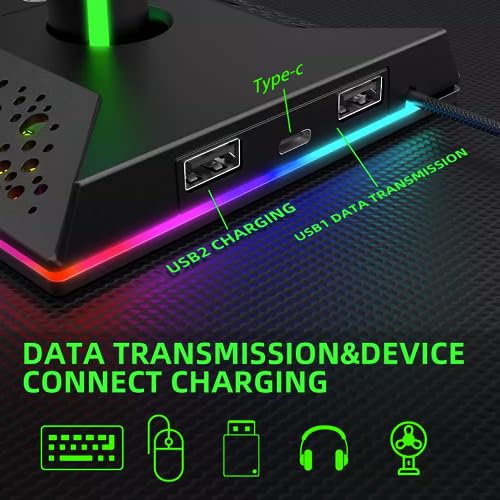 RGB Gaming Controller Holder, Headphone Stand With 2 USB Charging and 1 Type-C, Controller Stand with 10 Light Mode and Memory Feature, Universal Headset Stand Accessories for Desk Gamers - Thumbnail 3