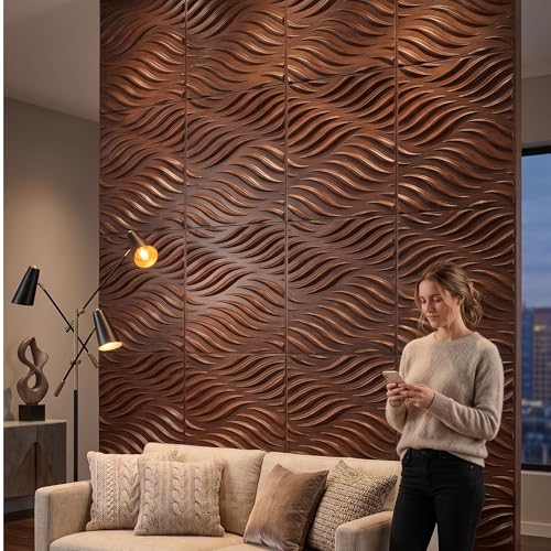 Image of Kayra Decor 3D Wall Panels Wave Design - Blackwood Color | 19.7 inch x 19.7 inch (Pack of 12) - Covers 32.28 Sq. Ft | Premium Home & Office Wall Decoration