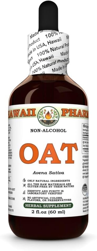Oat Alcohol-Free Liquid Extract, Oat (Avena Sativa) Dried Grain Glycerite Natural Herbal Supplement, Hawaii Pharm, USA 2x2 fl.oz