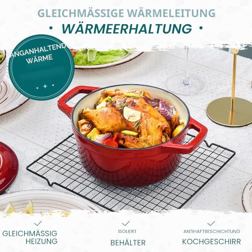 Foto von vancasso Runder roter Kasserolle aus emailliertem Gusseisen, 6 l, Topf mit Deckel, Dutch Oven geeignet für alle Wärmequellen, für Haus, Restaurant, Hotel, 28 x 14 cm