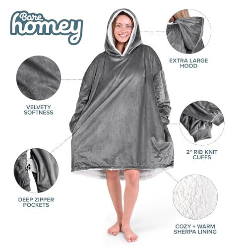 Image of Bare Home Wearable Blanket Hoodie - Soft Plush Sherpa - Warm and Cozy - Oversized Wearable Blanket