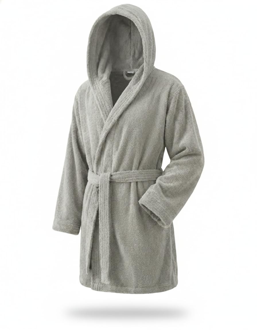 Top Towel Unisex Grey Top Towels Bathrobe With Hood - Shower Robe For Men Or Women - 100% Cotton Terry - 500 G/M2