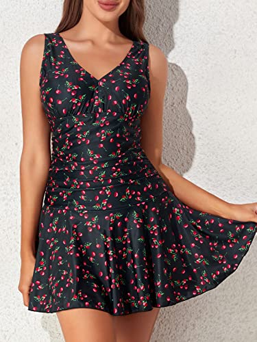 Miyang Women's Plus-Size Black Cherry Printing Shaping Body One Piece Swim Dresses Swimsuit Yt Tag 4Xl(Us 2Xl) #TOP6