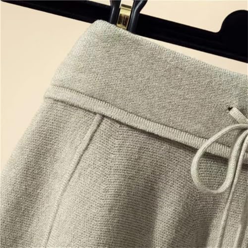 Women High Waist Pleated A Line Skirt Elegant Fall Winter Lace Up Bandage Slim Knitted Midi Skirts Black One Size2