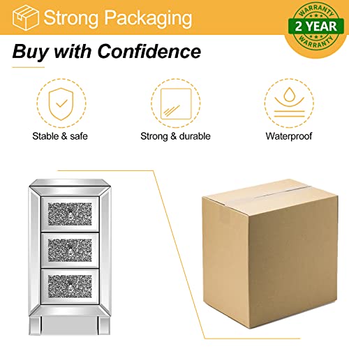 Image of VINGLI 3-Drawer Mirrored Nightstand Bedside Table Glass Accent End Table, Fully Assembled, Silver