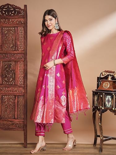 Image of VredeVogel Women's Cotton Silk Jacquard, Banarasi Silk Kurta Pant With Dupatta Set
