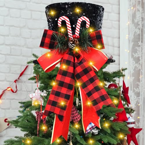 Puntale Albero di Natale Luminoso, Tree Topper, Cappello a Cilindro per Albero di Natale con Arco e Fiocco di Neve, Decorazione Natalizia per La Punta dell'Albero con Luce LED da 2 m, per la Casa