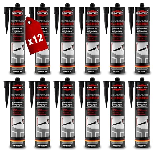 PRITEX – Profi Montagekleber Weiß 12x 300 ml – Baukleber für Holz-Paneele, Kabelkanäle, Sockelleisten, Styropor, Fliesen, Beton uvm. – haftstarker Universalkleber auf Acrylatdispersion-Basis für innen