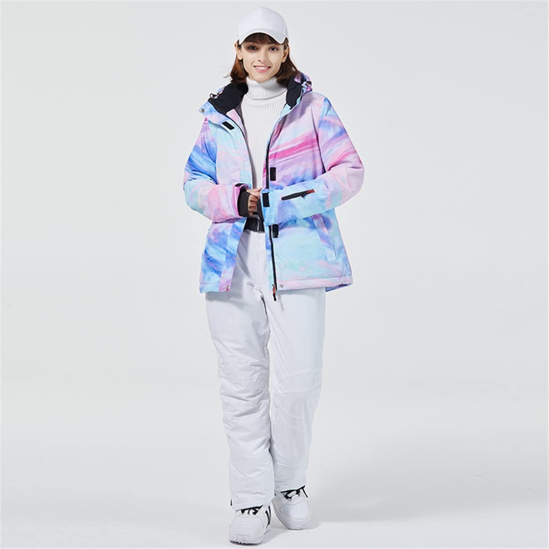 Women Waterproof and Windproof Sweety Print Ski Jacket Snowboard Coat with Ski Bib Pants Snowsuits for Outdoor Sports