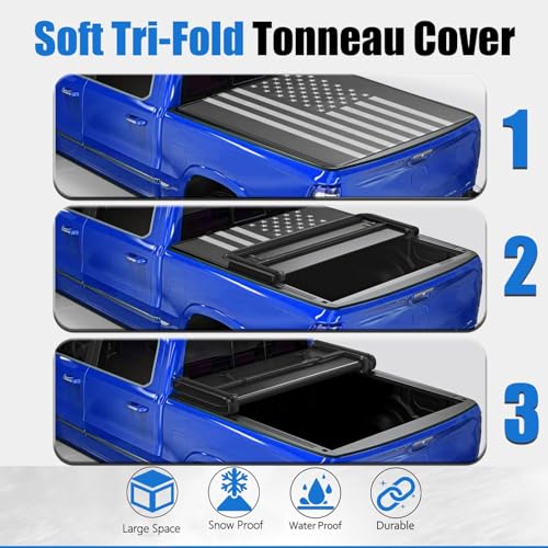 Image of American Flag Soft Tri-Fold Truck Bed Tonneau Cover fits 2019-2026 Ford Ranger Styleside /Fleetside Truck Cargo | 5ft Short Bed
