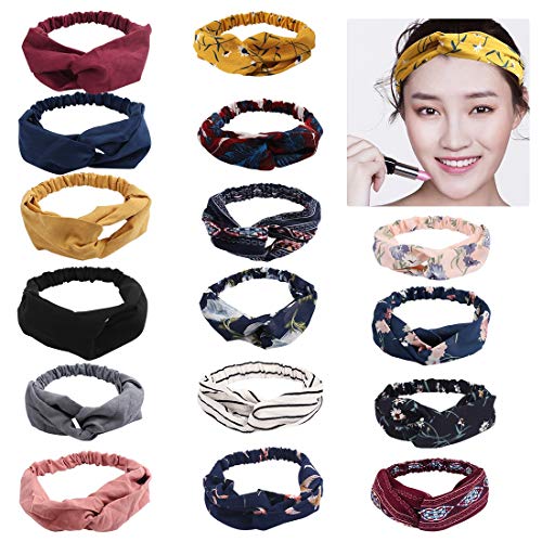 BAHABY 16 Pcs Boho Headbands for Women Turban Headbands Vintage Flower Printed Criss Cross Elastic Head Wrap