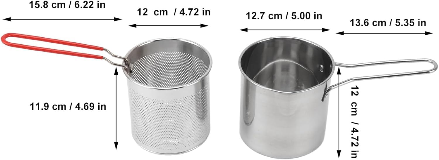 Kimbatex Kitchen Juego de Olla y Cesta Freidora Mini de Acero Inoxidable, 12 cm, Asas de Silicona Rojas, 2 en 1