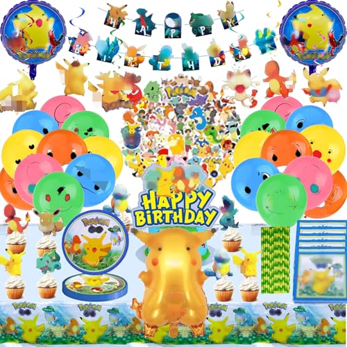 Decoraciones de cumpleaños infantiles con temática de dibujos animados de 161 piezas, Incluye platos, Servilletas, Mantel, Pancarta, Adorno para tarta, Globos de dibujos animados, Kids Stickers