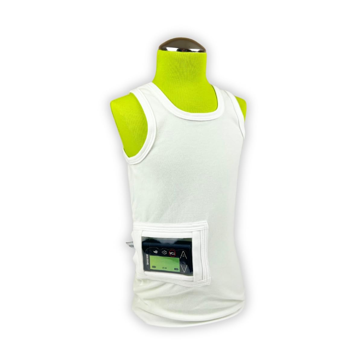 Pumpenshirt weiß – mit integrierter Pumpentasche und Sichtfenster, wählbar rechts/links – für Insulinpumpe – in Größen 104-164 (Tasche rechts, 146-152)