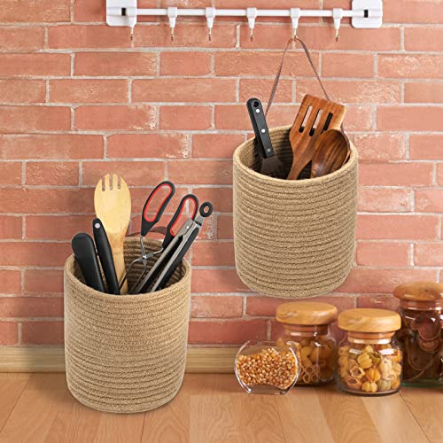 Youeon Set Of 2 Jute Hanging Basket 7.8" X 6.7", Wall Hanging Planter Baskets, Jute Woven Hanging Storage Baskets, Small Woven Baskets For Sunglasses Wallet Keys Flower Plants Towels Toys #TOP7
