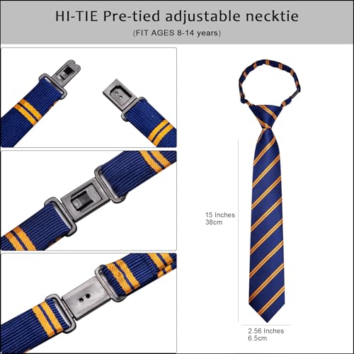 Image of Hi-Tie Boys Tie Pre-Tied Pocket Square Set Adjustable Kids Neckties Age 7-11 Years School UniForm Graduation
