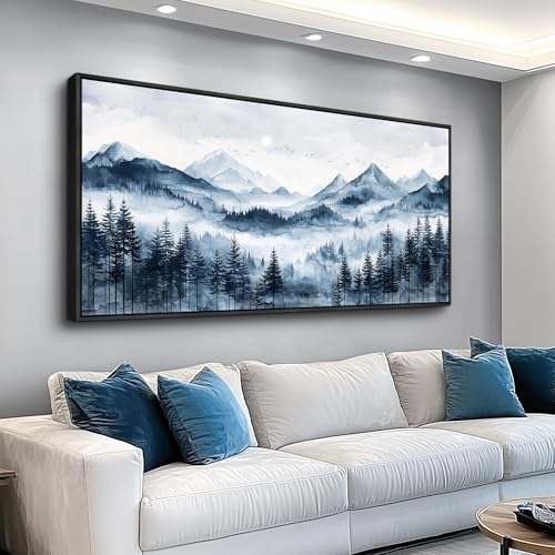 ERQINHUA Canvas Wall Art For Bedroom Large Wall Decor For Living Room Modern Office Mural Misty and Fog Forest Painting Mountain Landscape Picture Artworks Home Decor Black Framed Ready To Hang