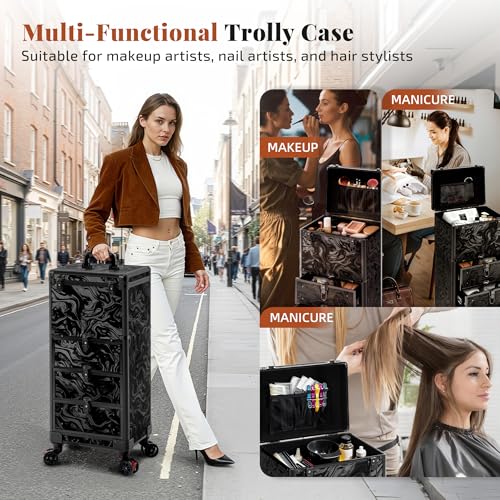 Image of Rolling Makeup Train Case with Drawers Cosmetology Case on Wheels | 4 in 1 Large Cosmetic Organizer for Hairstylist,Makeup Artist Nail Trolley Cart Salon Storage Traveling Cart Trunk