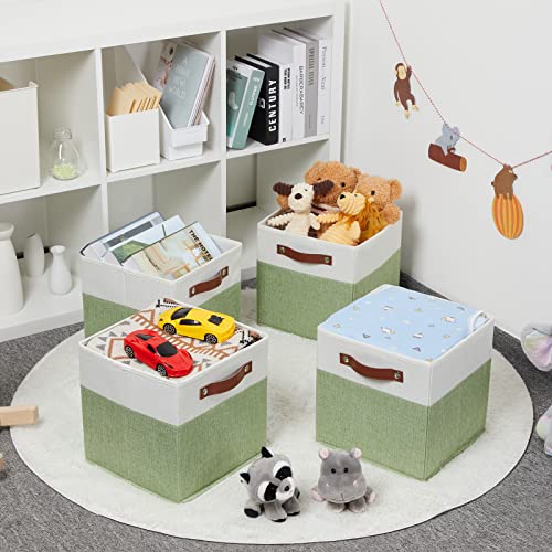 Hnzige Fabric 11X11 Cube Storage Bins, Set Of 4, Foldable Storage Cube Bin Baskets For Shelves With Handles, Bins For Cube Organizer Home Toy Nursery Closet(Green White) #TOP2