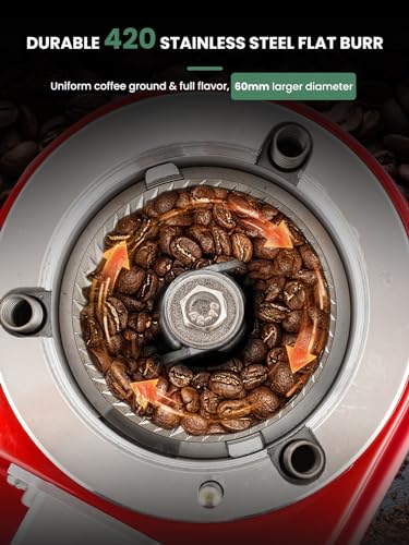 Image of Huanyu 60mm Flat Burr Coffee Grinder, Lockable Dial & Dual Dosing, Red