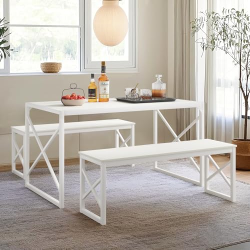 VECELO Kitchen Dining Table Benches Set for 4, 55" Wooden