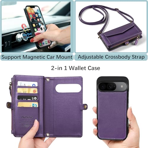 DKDKSIP for Google Pixel 9 Pro XL Wallet Case for Women, Pixel 9 Pro XL 5G Case with RFID Blocking Card Holder, Leather Zipper Wallet Detachable Magnetic Phone Case with Crossbody Strap, Purple - image 4