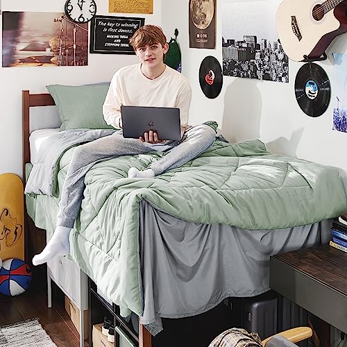 Image of Bedsure Twin XL Comforter - 5 Pieces Reversible Sage Green Bed in a Bag, Twin XL Bedding Comforter Set College Dorm Essentials with 1 Flat Sheet, 1 Fitted Sheet, 1 Pillowcase and 1 Pillow Sham