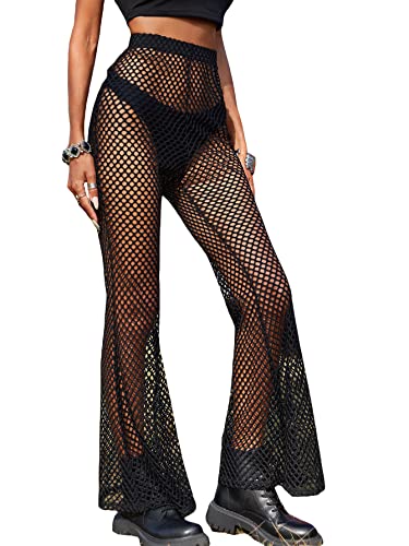 Verdusa Women's See Through Fishnet High Waisted Flare Leg Pants Long Trousers