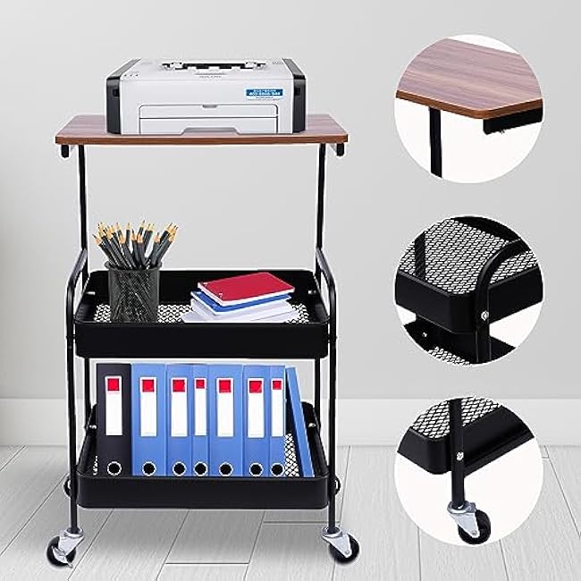 3 Tier Rolling Cart with Tabletop,Multipurpose Utility Storage Cart for Office Kitchen Bedroom Living Room,Black-9ek0lcC4