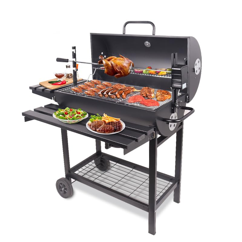 Outdoor Barbecue Charcoal Rotisserie BBQ Grill Wheels Large Cooking Grill Side Table