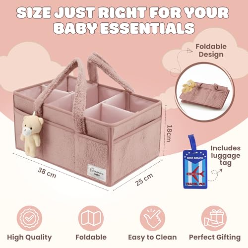 Image of OCEANEVO Cute Fur Diaper Caddy Organizer Bag WITH Luggage Tag AND Bear Charm, Baby Basket Essentials for Newborn Baby Products Storage with Compartments and Handle - 38 x 25 x 18 cm - Model 3 - Pink