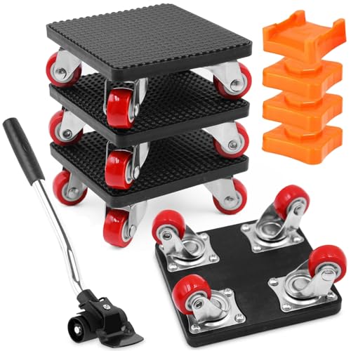 Druuzyl 4 Stück Möbel Transportrollen Set, Möbelwagen mit Verlängerungsstange und 4 Möbelroller, Schwerlast Möbelroller 360 Grad Drehbar Rads 500 kg Tragfähigkeit für Möbel und Schwere Gegenstände