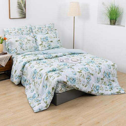 Image of lasoftan Floral King Comforter Set with Sheets, 7 piece Luxury Vintage Bedding, Soft Microfiber Bed in a Bag, Cozy Lightweight Bed Set, Green Leaves Teal Blue Flower