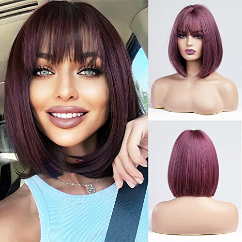 ELLORS Taro Purple Brown Bob Wig with Bangs,Short Straight Wigs,Synthetic Shoulder Length Wig,Heat Resistant Synthetic Party Costume Cosplay Wig for Women Girls Daily Wear Colorful Wigs 30cm/12inch