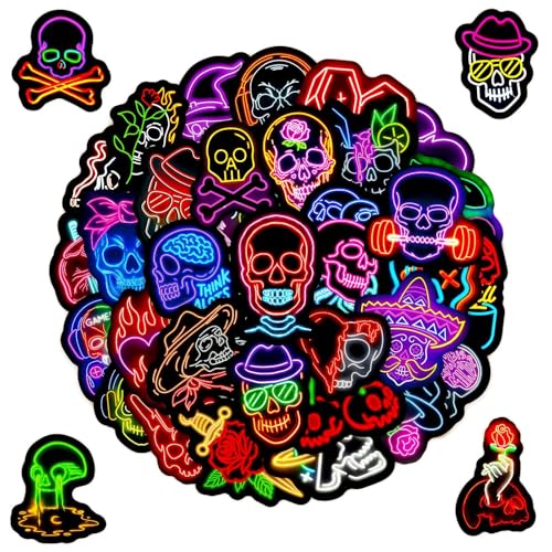100 Stickers néon crâne,SANYUANHE Thème crâne autocollant,Décoration fête Halloween,Décor graffiti néon pour bouteilles d’eau,valises,...