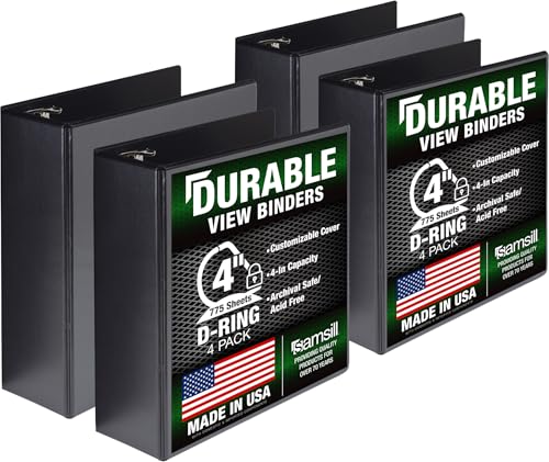 Image of Samsill Durable 4 inch 3 Ring Binder, D Ring Binder, 100% Recycled Chipboard, Black, 4 Pack