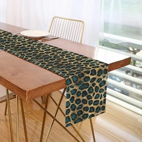 zyrtty Table Runner Dresser Scarves, Green Gold Black Leopard Print Table Runners for Dinning Tables, Farmhouse Kitchen Decor Holiday Dinner Decoration - 13x90 Inch Cover