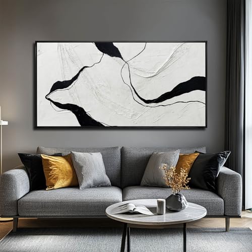 Framed Minimalist Wall Art 24"x48" Black and White Abstract Print