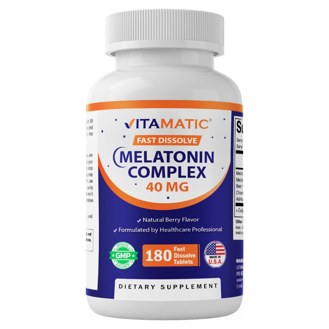 Vitamatic Fast Dissolve Melatonin Complex 40 mg – Natural Berry Flavor – 180 Tablets | Made with Beet Root, Chamomile & Ashwagandha Extract | Non-GMO, Made in USA