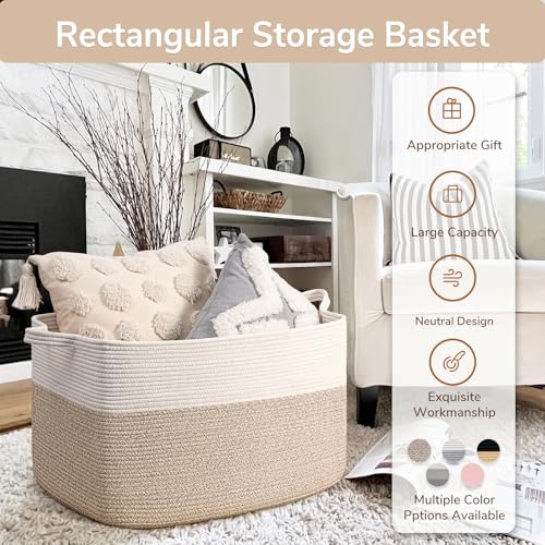Goodpick Extra Large Woven Blanket Basket, 23.6" x 15.7" x 13.8" Storage Organizer for Blankets, Toys, Dirty Clothes, Rectangle Cotton Rope Basket for Living Room, Nursery, Bedroom