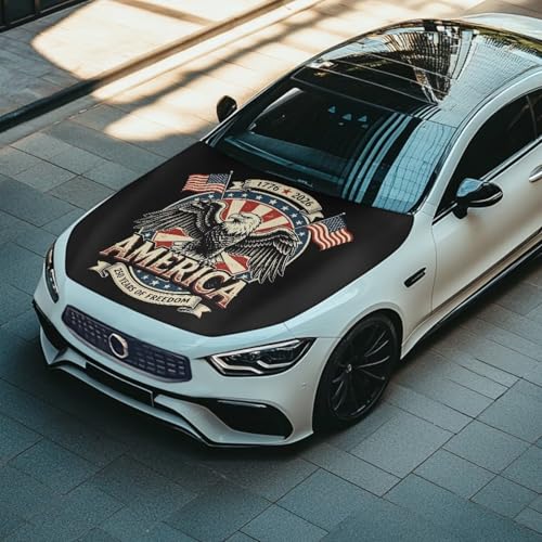 Image of Eagle American Flag Print Car Hood Cover Weather-Resistant Automotive Hood Covers Elastic Fabrics Car Bonnet Banner Outdoor Indoor Foldable Protective Cover